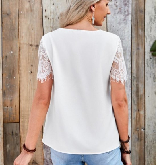 Women - Blouses Contrast Lace Solid Elegant - Picture 3 of 6